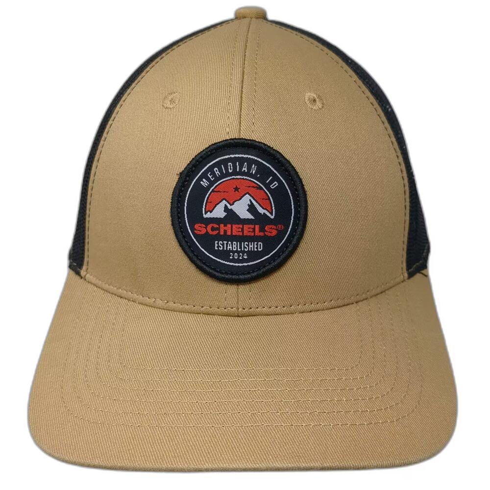SCHEELS Trucker Hat Beige Black Meridian ID Mountain Patch Snapback OS Hat 2024
